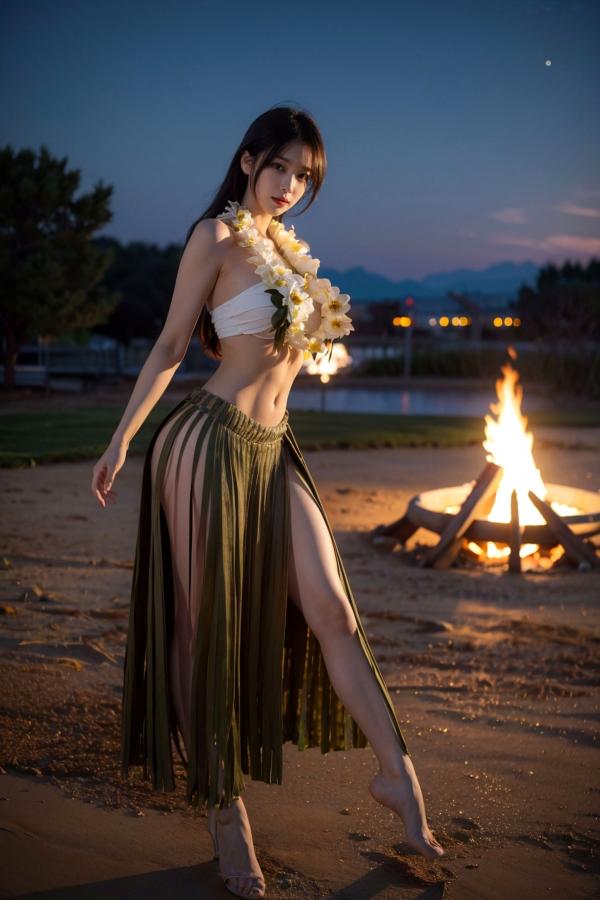   AI美女-拟实-夏威夷草裙花环少女篝火夜 热带风情户外夜景性感野性极品女神写真第7张图片