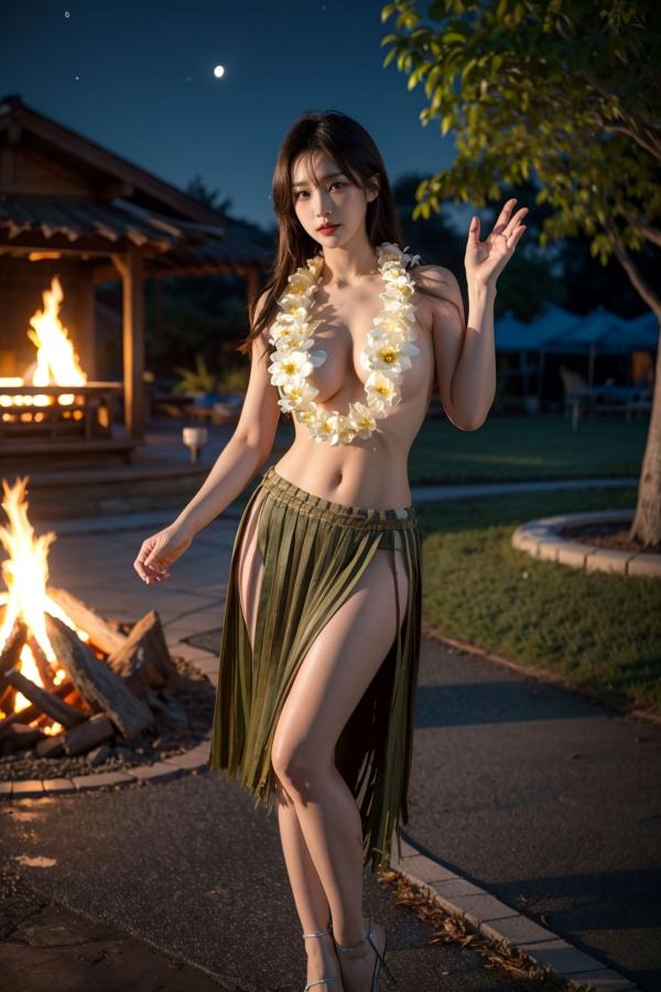   AI美女-拟实-夏威夷草裙花环少女篝火夜 热带风情户外夜景性感野性极品女神写真第8张图片
