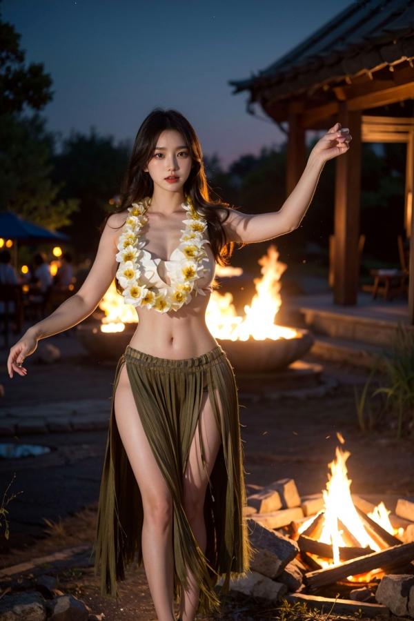   AI美女-拟实-夏威夷草裙花环少女篝火夜 热带风情户外夜景性感野性极品女神写真第9张图片