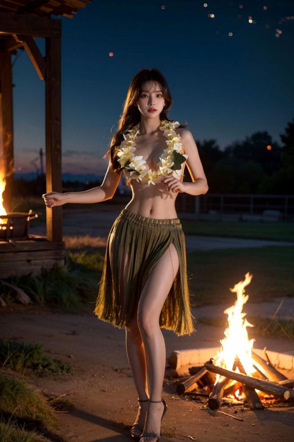   AI美女-拟实-夏威夷草裙花环少女篝火夜 热带风情户外夜景性感野性极品女神写真第12张图片