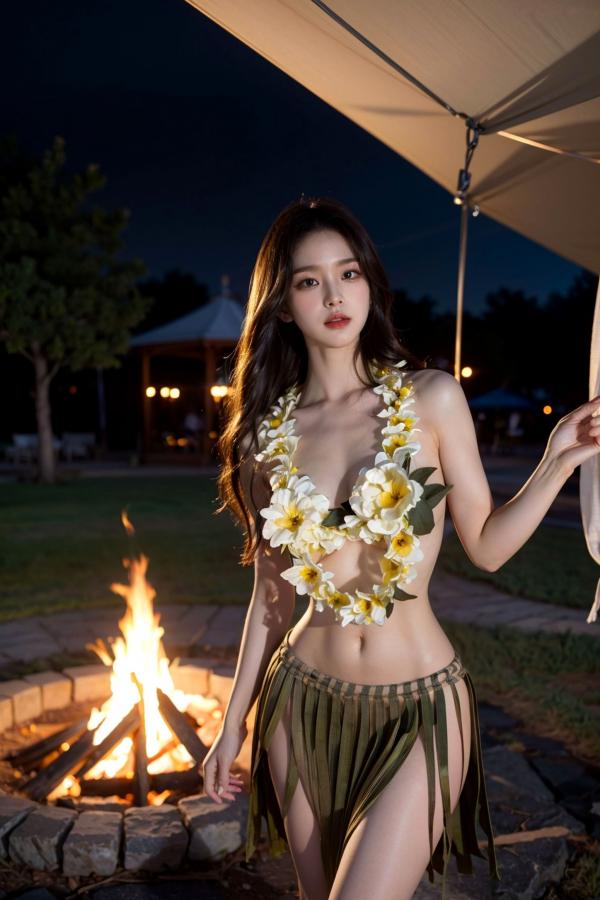   AI美女-拟实-夏威夷草裙花环少女篝火夜 热带风情户外夜景性感野性极品女神写真第14张图片