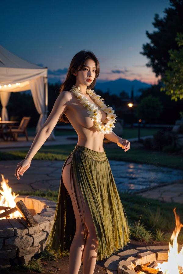   AI美女-拟实-夏威夷草裙花环少女篝火夜 热带风情户外夜景性感野性极品女神写真第15张图片