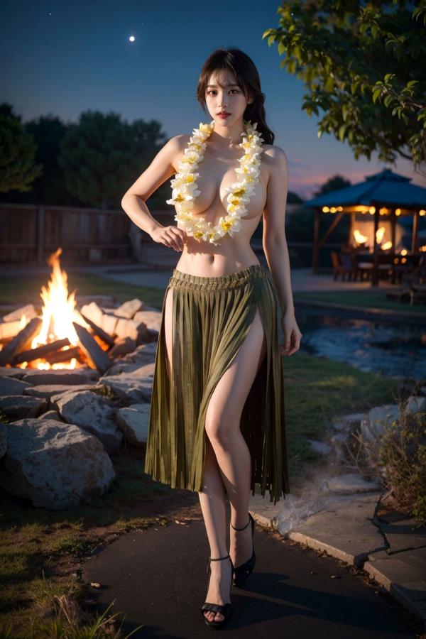   AI美女-拟实-夏威夷草裙花环少女篝火夜 热带风情户外夜景性感野性极品女神写真第21张图片