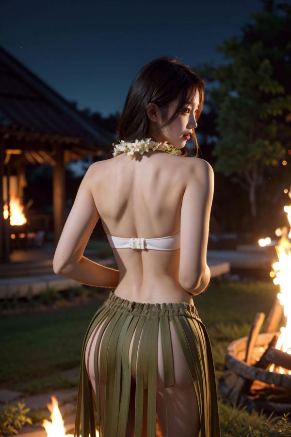   AI美女-拟实-夏威夷草裙花环少女篝火夜 热带风情户外夜景性感野性极品女神写真第26张图片