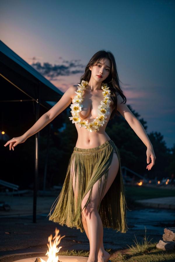   AI美女-拟实-夏威夷草裙花环少女篝火夜 热带风情户外夜景性感野性极品女神写真第27张图片