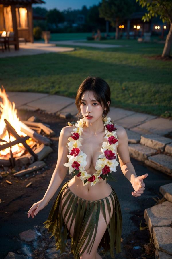  AI美女-拟实-夏威夷草裙花环少女篝火夜 热带风情户外夜景性感野性极品女神写真第28张图片