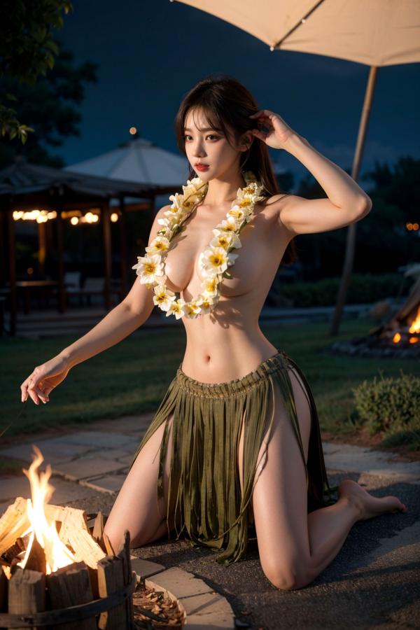  AI美女-拟实-夏威夷草裙花环少女篝火夜 热带风情户外夜景性感野性极品女神写真第29张图片