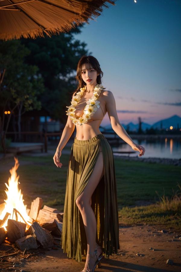   AI美女-拟实-夏威夷草裙花环少女篝火夜 热带风情户外夜景性感野性极品女神写真第31张图片