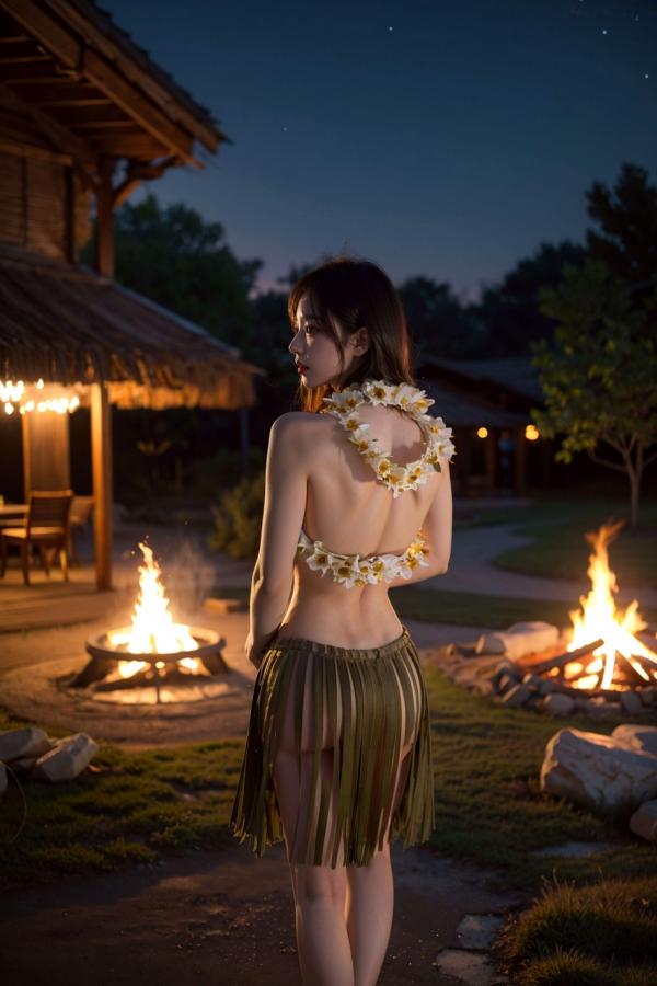   AI美女-拟实-夏威夷草裙花环少女篝火夜 热带风情户外夜景性感野性极品女神写真第32张图片