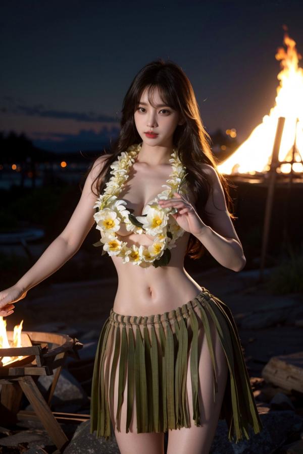   AI美女-拟实-夏威夷草裙花环少女篝火夜 热带风情户外夜景性感野性极品女神写真第33张图片