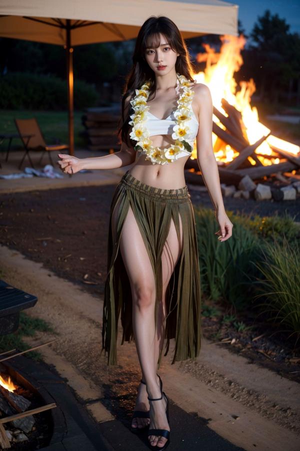   AI美女-拟实-夏威夷草裙花环少女篝火夜 热带风情户外夜景性感野性极品女神写真第37张图片
