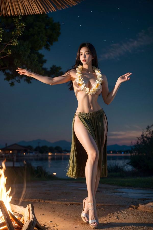   AI美女-拟实-夏威夷草裙花环少女篝火夜 热带风情户外夜景性感野性极品女神写真第46张图片