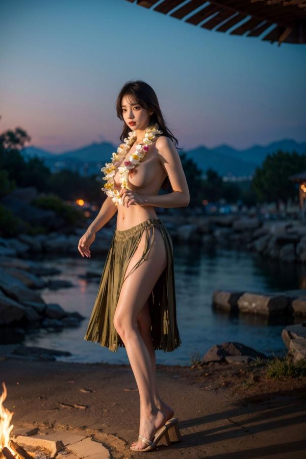  AI美女-拟实-夏威夷草裙花环少女篝火夜 热带风情户外夜景性感野性极品女神写真第68张图片