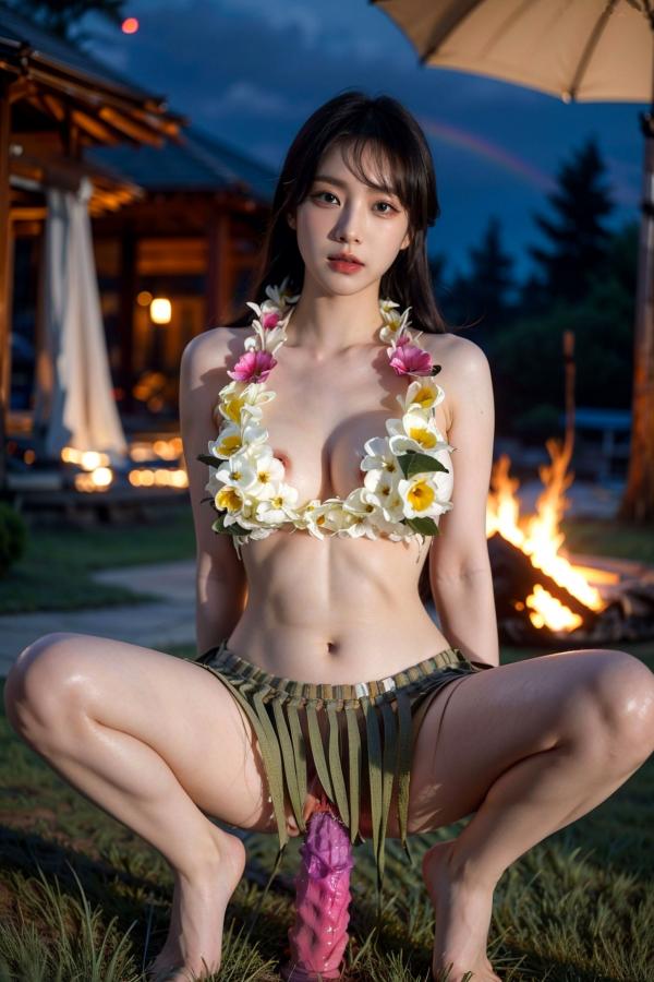   AI美女-拟实-夏威夷草裙花环少女篝火夜 热带风情户外夜景性感野性极品女神写真第73张图片