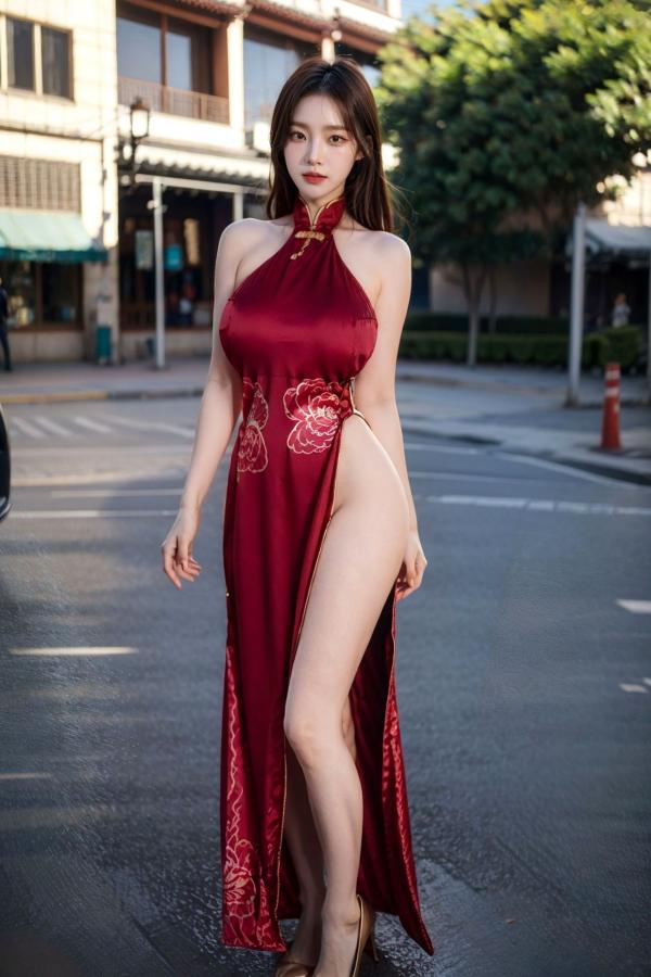   AI美女-拟实-情趣古风露背旗袍-红色长发版 户外街拍高开衩性感美臀大尺度诱惑写真第1张图片