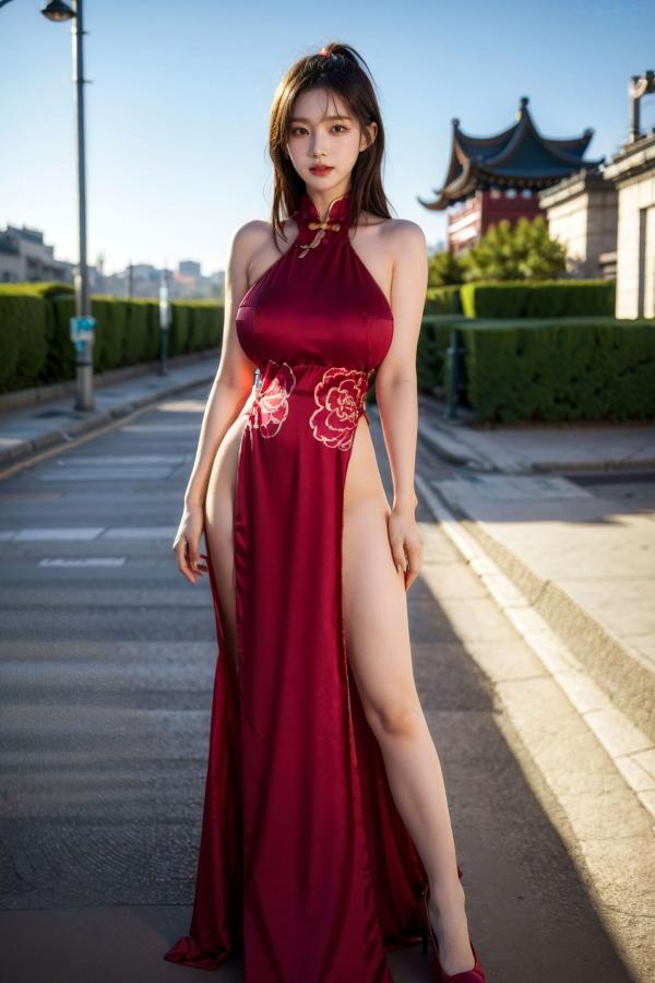  AI美女-拟实-情趣古风露背旗袍-红色长发版 户外街拍高开衩性感美臀大尺度诱惑写真第2张图片