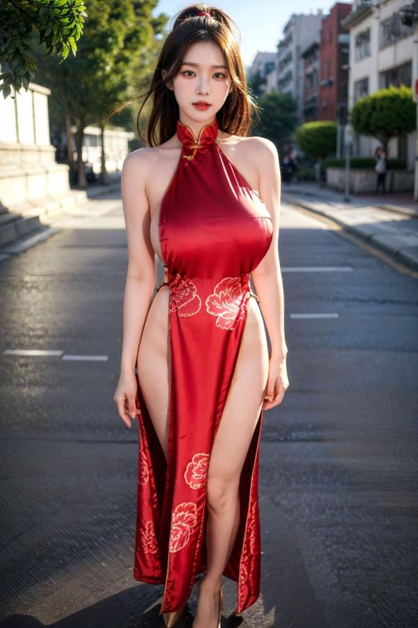   AI美女-拟实-情趣古风露背旗袍-红色长发版 户外街拍高开衩性感美臀大尺度诱惑写真第5张图片