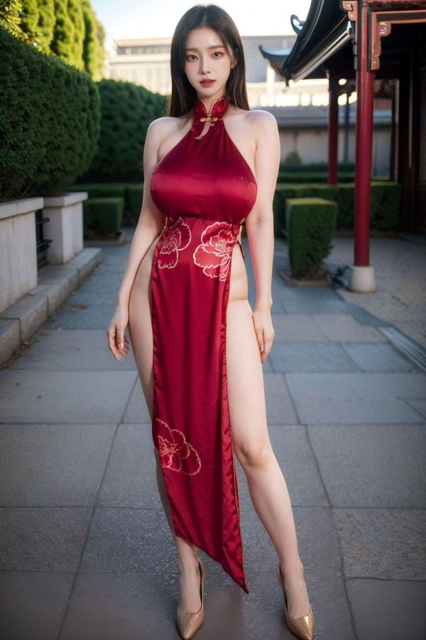   AI美女-拟实-情趣古风露背旗袍-红色长发版 户外街拍高开衩性感美臀大尺度诱惑写真第27张图片