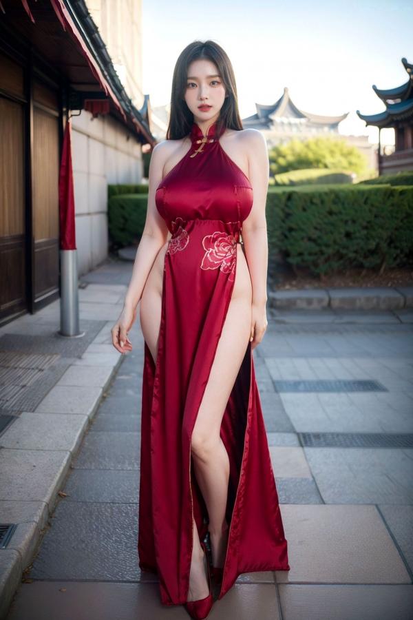  AI美女-拟实-情趣古风露背旗袍-红色长发版 户外街拍高开衩性感美臀大尺度诱惑写真第29张图片