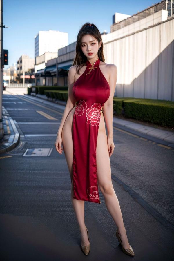   AI美女-拟实-情趣古风露背旗袍-红色长发版 户外街拍高开衩性感美臀大尺度诱惑写真第32张图片