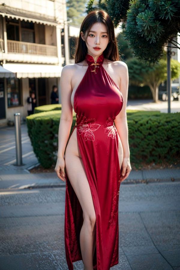   AI美女-拟实-情趣古风露背旗袍-红色长发版 户外街拍高开衩性感美臀大尺度诱惑写真第35张图片