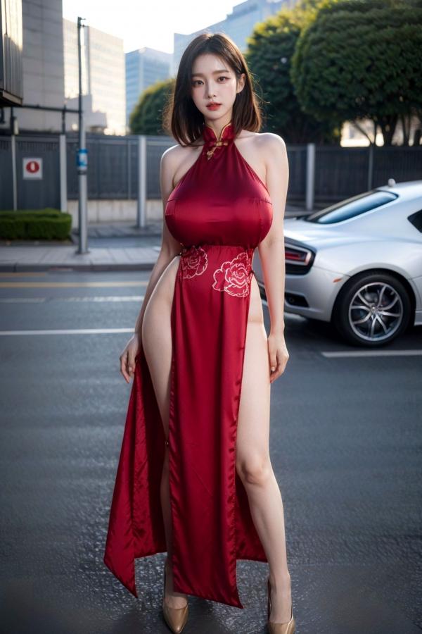   AI美女-拟实-情趣古风露背旗袍-红色长发版 户外街拍高开衩性感美臀大尺度诱惑写真第44张图片