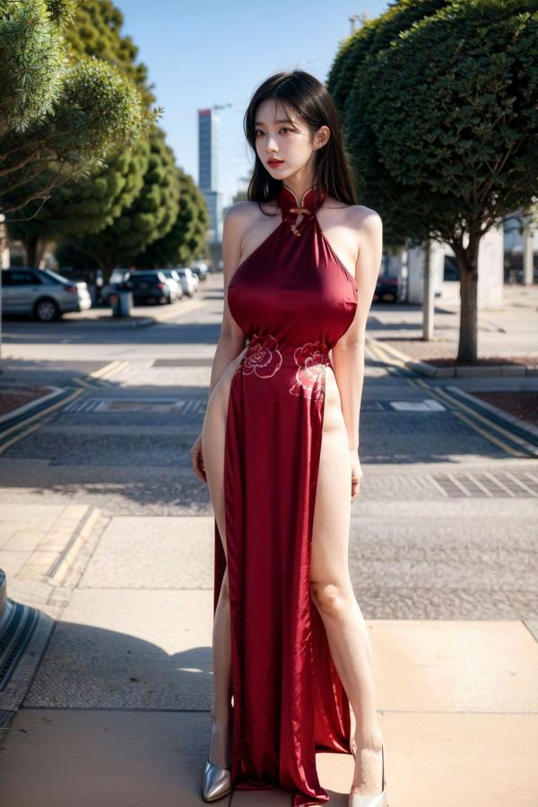   AI美女-拟实-情趣古风露背旗袍-红色长发版 户外街拍高开衩性感美臀大尺度诱惑写真第45张图片