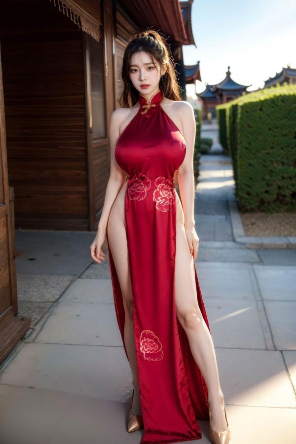   AI美女-拟实-情趣古风露背旗袍-红色长发版 户外街拍高开衩性感美臀大尺度诱惑写真第46张图片