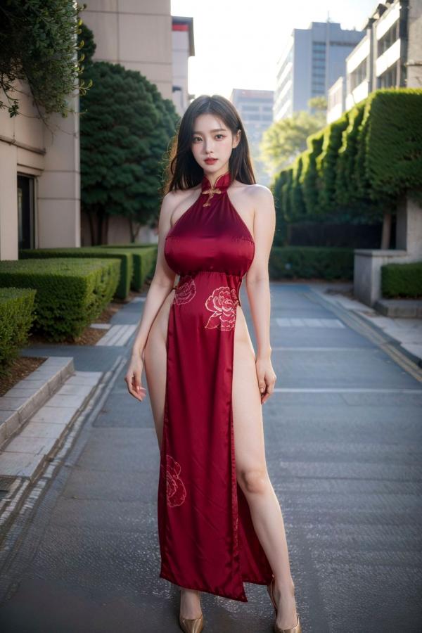   AI美女-拟实-情趣古风露背旗袍-红色长发版 户外街拍高开衩性感美臀大尺度诱惑写真第51张图片