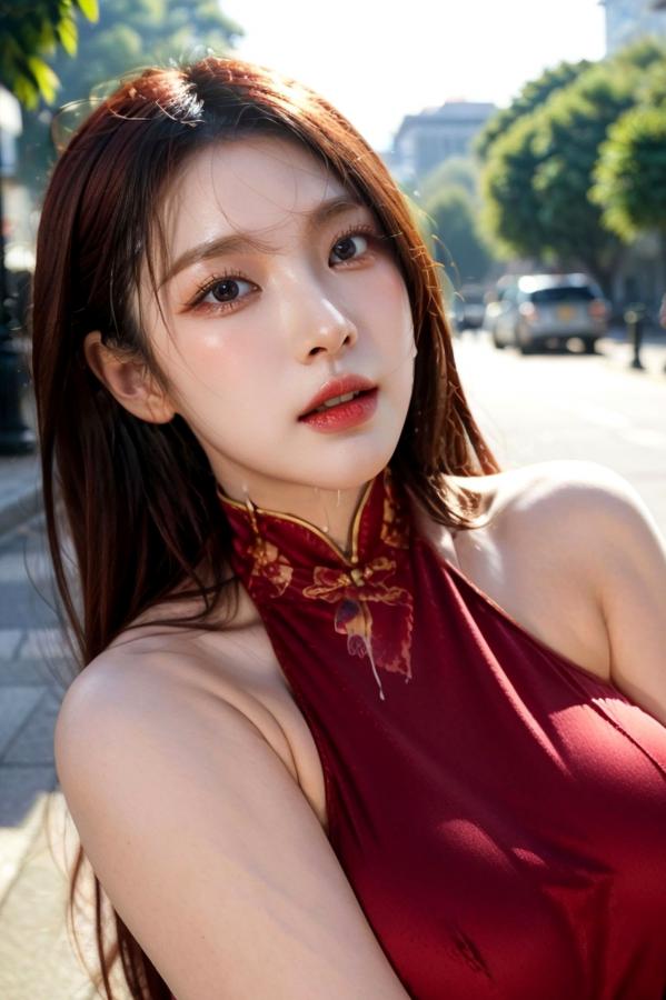   AI美女-拟实-情趣古风露背旗袍-红色长发版 户外街拍高开衩性感美臀大尺度诱惑写真第55张图片