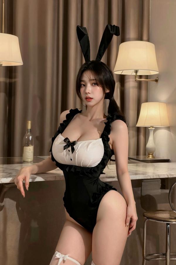   AI美女-拟实-兔女郎-黑耳朵黑白衣 室内性感私房角色扮演写真第8张图片