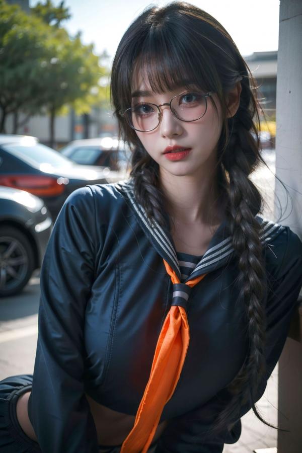    AI美女-拟实-桔色领巾JK女生 户外性感制服大尺度诱惑写真第2张图片
