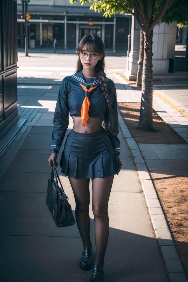    AI美女-拟实-桔色领巾JK女生 户外性感制服大尺度诱惑写真第3张图片