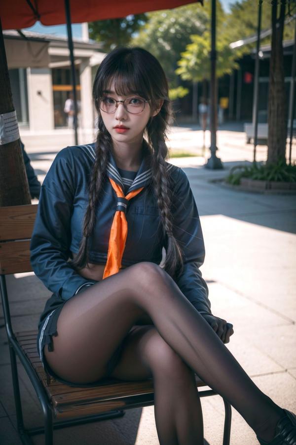    AI美女-拟实-桔色领巾JK女生 户外性感制服大尺度诱惑写真第5张图片