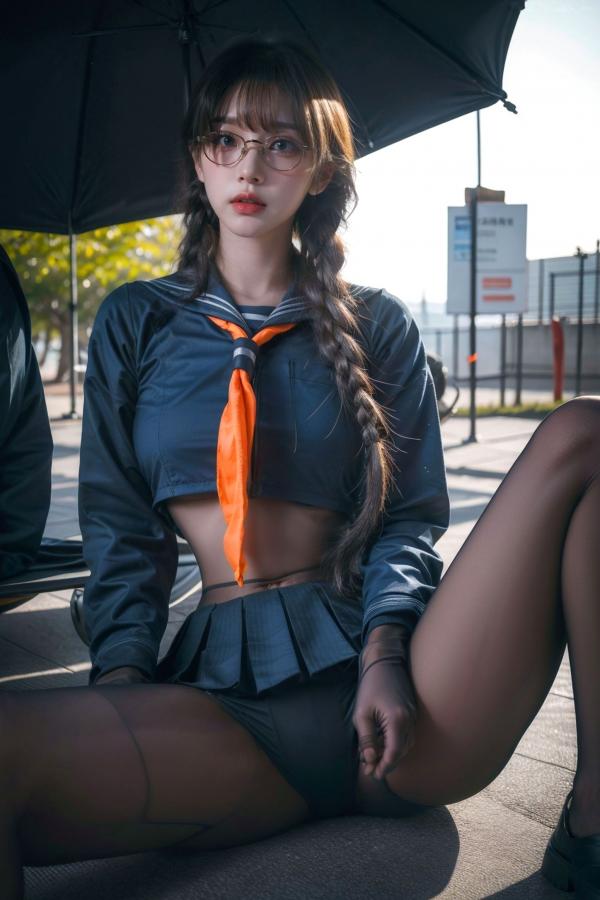    AI美女-拟实-桔色领巾JK女生 户外性感制服大尺度诱惑写真第7张图片