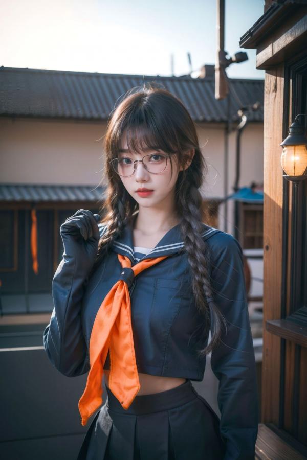    AI美女-拟实-桔色领巾JK女生 户外性感制服大尺度诱惑写真第8张图片