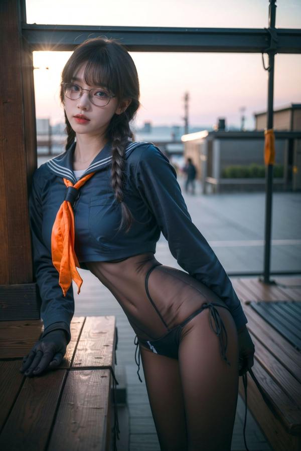    AI美女-拟实-桔色领巾JK女生 户外性感制服大尺度诱惑写真第10张图片