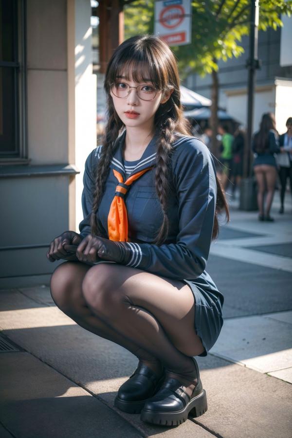    AI美女-拟实-桔色领巾JK女生 户外性感制服大尺度诱惑写真第12张图片