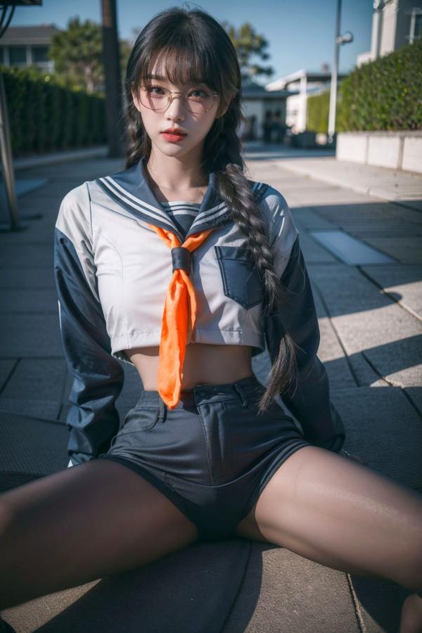    AI美女-拟实-桔色领巾JK女生 户外性感制服大尺度诱惑写真第13张图片