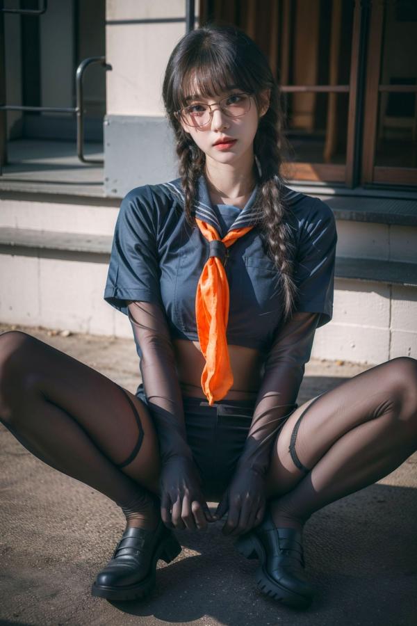    AI美女-拟实-桔色领巾JK女生 户外性感制服大尺度诱惑写真第15张图片