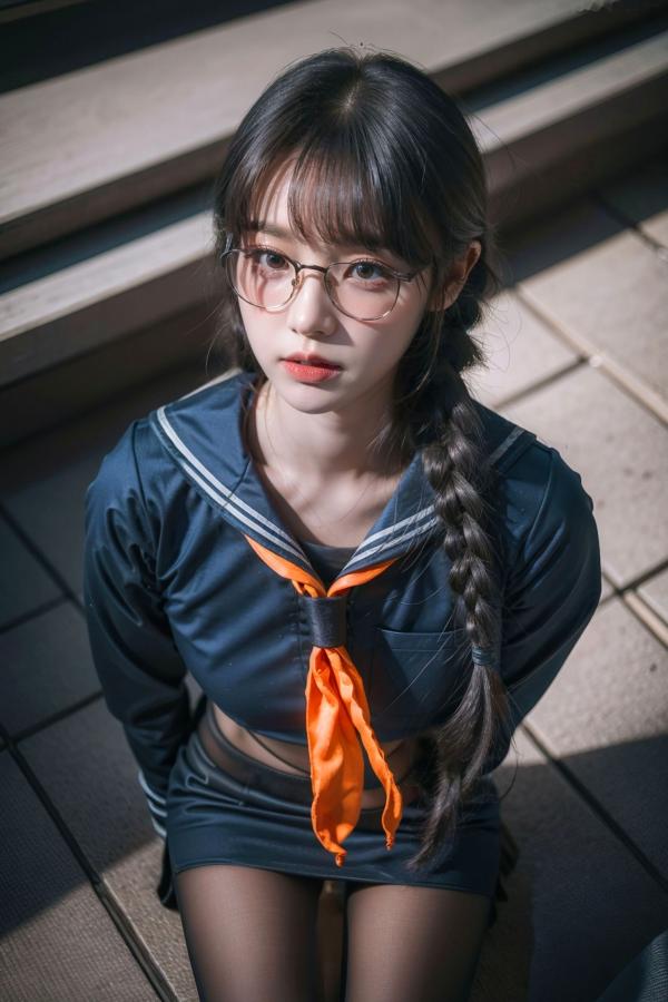    AI美女-拟实-桔色领巾JK女生 户外性感制服大尺度诱惑写真第17张图片