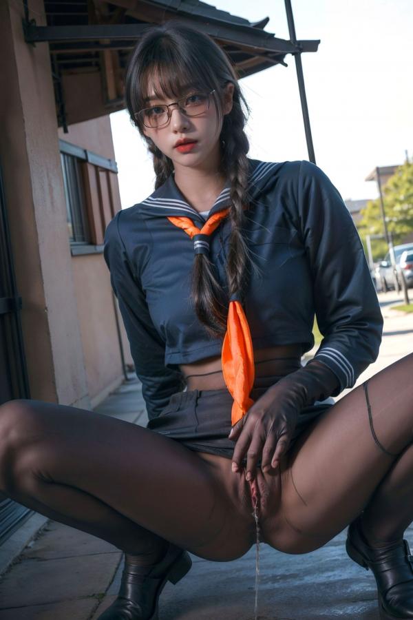    AI美女-拟实-桔色领巾JK女生 户外性感制服大尺度诱惑写真第52张图片