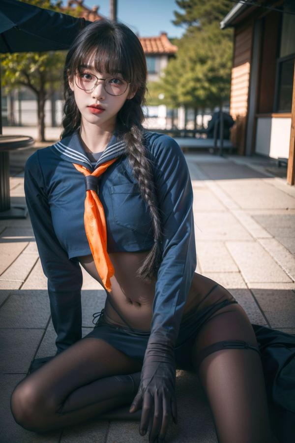    AI美女-拟实-桔色领巾JK女生 户外性感制服大尺度诱惑写真第56张图片