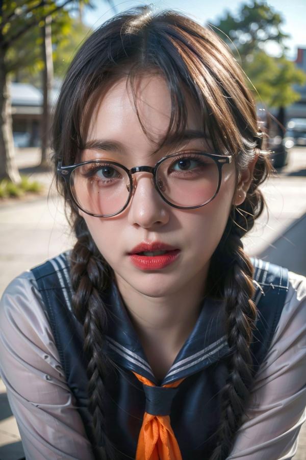    AI美女-拟实-桔色领巾JK女生 户外性感制服大尺度诱惑写真第61张图片