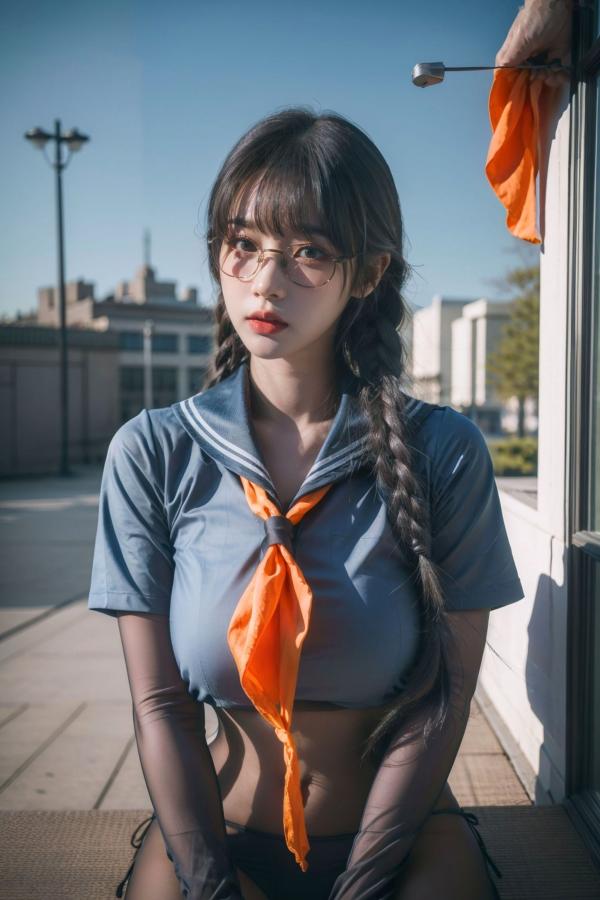    AI美女-拟实-桔色领巾JK女生 户外性感制服大尺度诱惑写真第63张图片