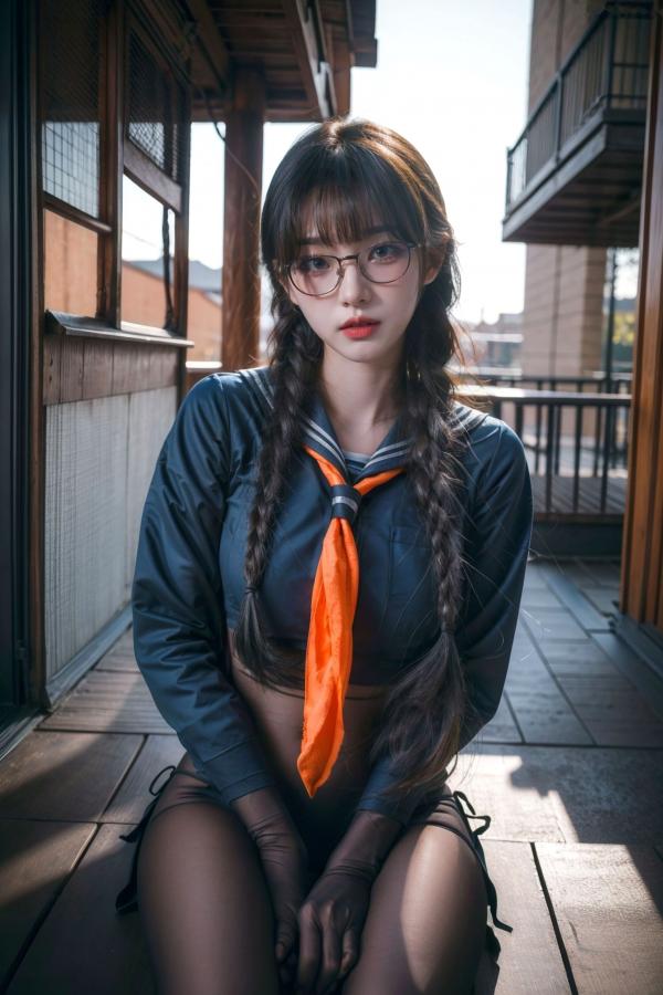    AI美女-拟实-桔色领巾JK女生 户外性感制服大尺度诱惑写真第67张图片