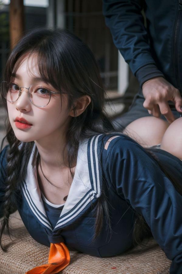    AI美女-拟实-桔色领巾JK女生 户外性感制服大尺度诱惑写真第82张图片