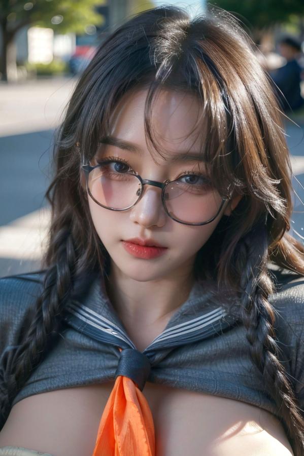    AI美女-拟实-桔色领巾JK女生 户外性感制服大尺度诱惑写真第83张图片