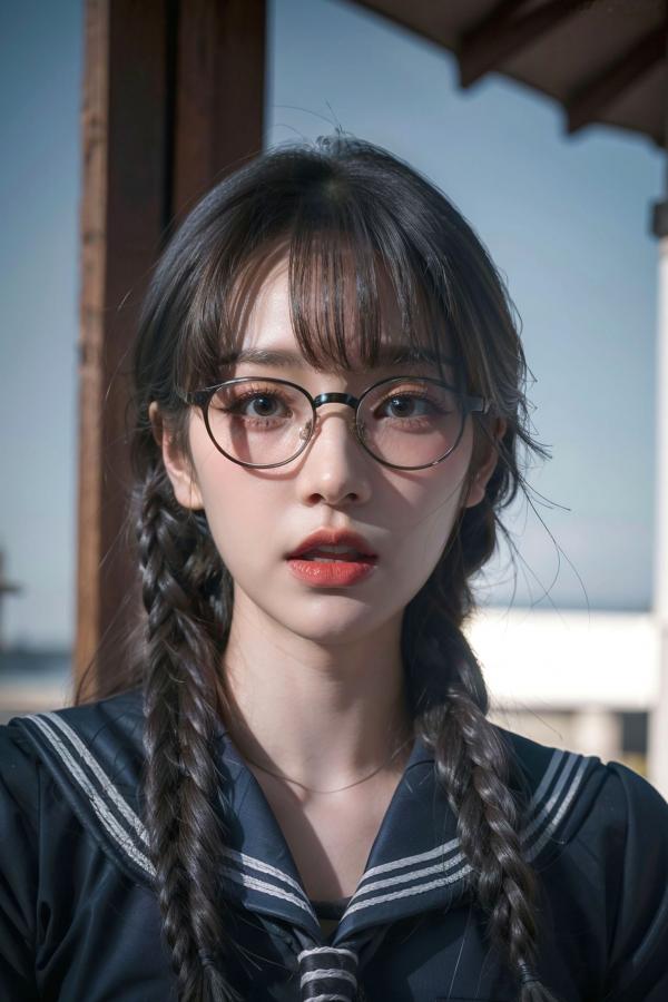    AI美女-拟实-桔色领巾JK女生 户外性感制服大尺度诱惑写真第89张图片