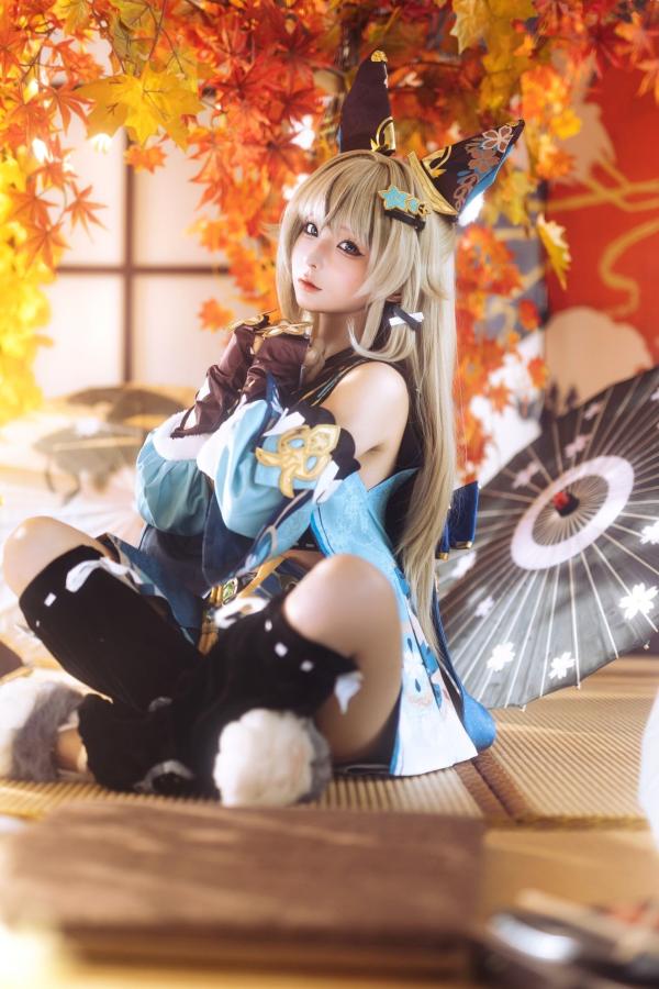 蠢沫沫  蠢沫沫《原神》绮良良Cosplay写真 纸箱猫娘和风枫叶萌系可爱美图第4张图片